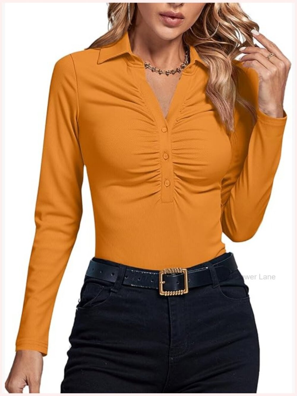 Rib Knit Collar Deep V Neck Ruched Buttons Long Sleeve Bodysuit Top